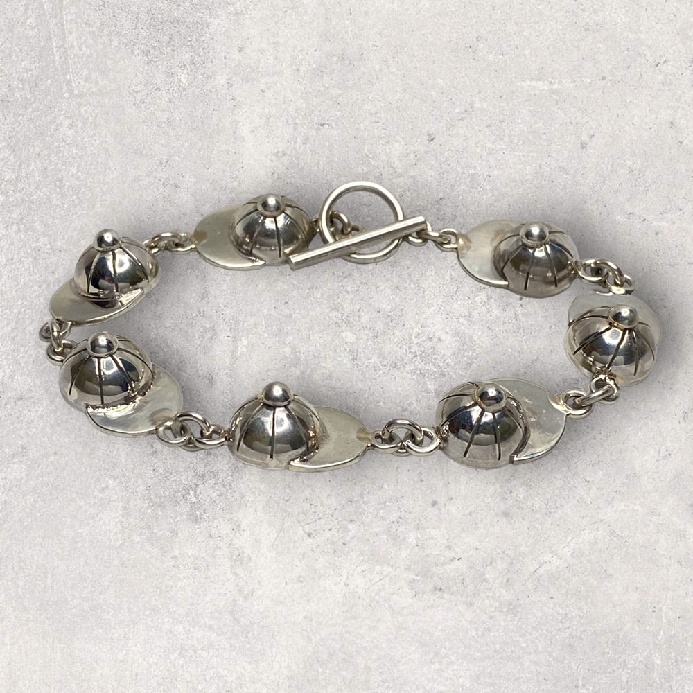 925 Mexico Sterling Silver Baseball Softball Sports Cap Hat Chain Bracelet 8”